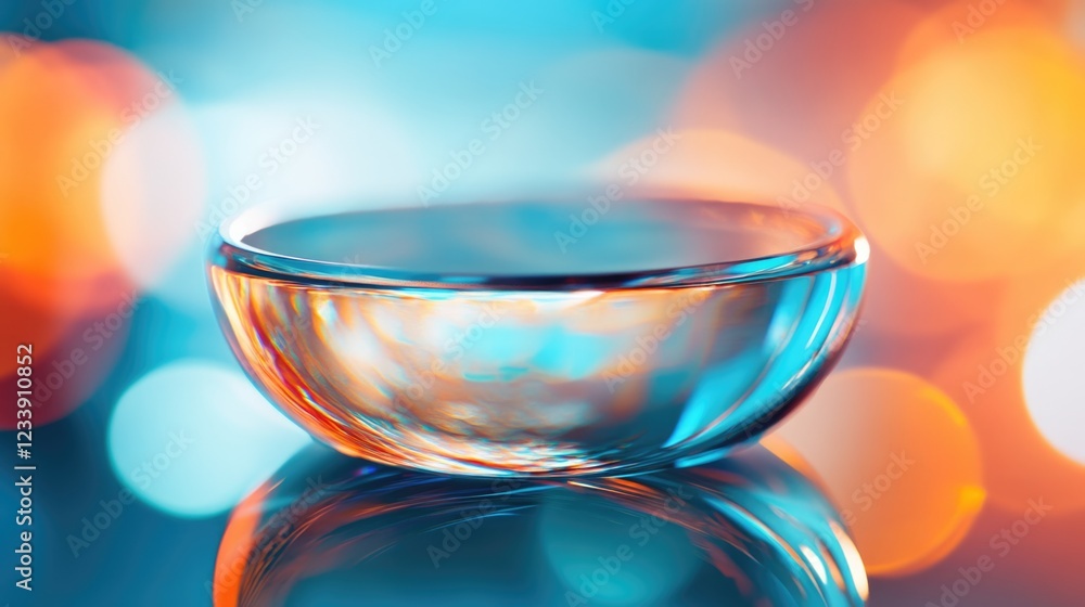 Poster close-up of a clear glass bowl on reflective surface with colorful bokeh background and copy space f