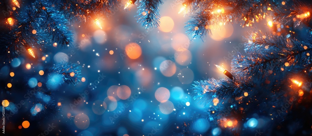 Aufkleber blue christmas lights and snowflakes with soft bokeh effect and evergreen branches in focus on a blu