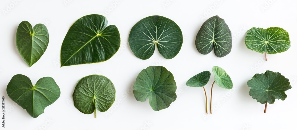 Aufkleber various green leaves arranged on a white background with copy space for text placement