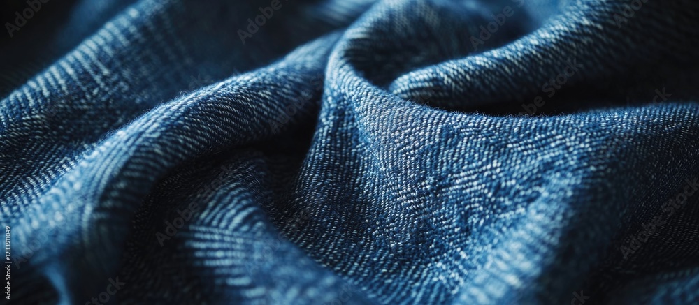 Poster blue denim fabric texture close-up with soft folds and wrinkles suitable for background use copy spa