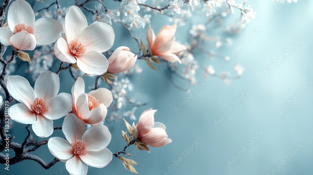 Aufkleber magnolia flowers on a branch with soft focus background copy space for text placement