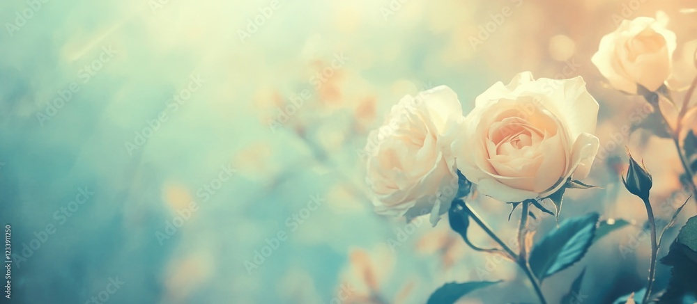 Poster soft focus pastel roses with light bokeh background and copy space for text