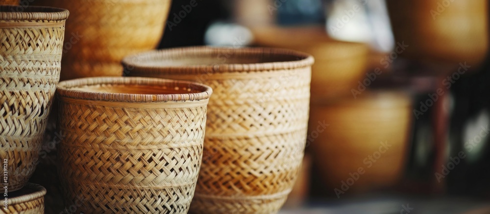Poster woven bamboo baskets arranged in a market setting with blurred background showcasing craftsmanship a