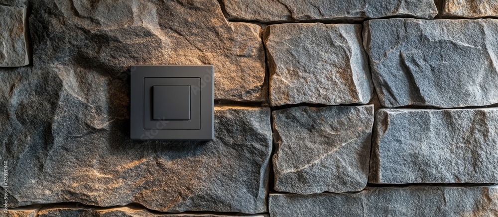 Aufkleber modern black switch installed on textured stone wall with warm lighting and ample copy space for tex