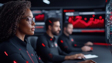 Focused on the Task: A team of tech professionals collaborate in a dimly lit office, their concentration and focus evident as they analyze data and navigate complex systems.