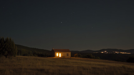 solitary house in rural area, brightly lit at night under starry sky