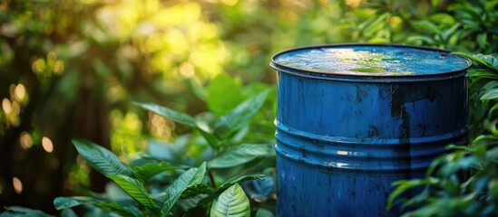 Blue metal barrel in lush green foliage with water reflected on the surface Copy Space