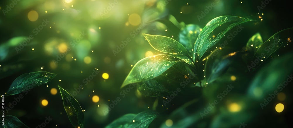 Poster close-up of green leaves with soft bokeh effect and golden light particles in a lush forest environm