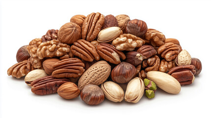 Close-up of premium mixed nuts isolated on a pristine white backdrop, showcasing textures and colors.