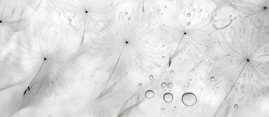 Black and white close-up of delicate dandelion seeds with water droplets on surface and Copy Space for text placement