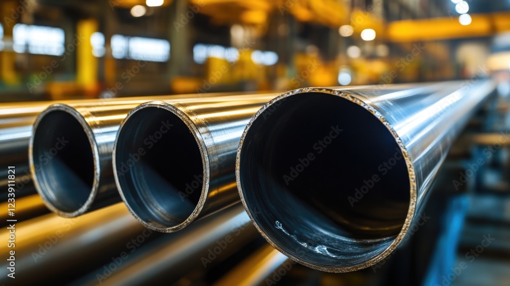 Poster Industrial close-up of steel pipes arranged in a factory setting with blurred background and Copy Space for text placement.