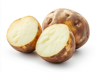 Isolated boiled potato half with focus on crumbly texture and skin in studio lighting.