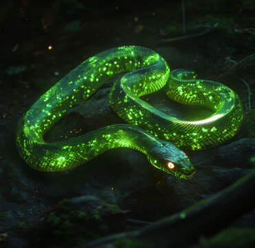 green snake on black background