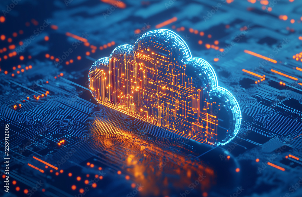 Poster a 3d render of a cloud technology icon seamlessly integrated into a circuit board background, emphas