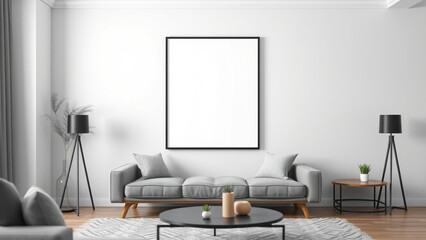 3D render of a tight close-up shot of an ISO A size framed poster on a living room wall