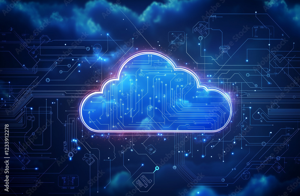 Poster a 3d render of a cloud technology icon seamlessly integrated into a circuit board background, emphas