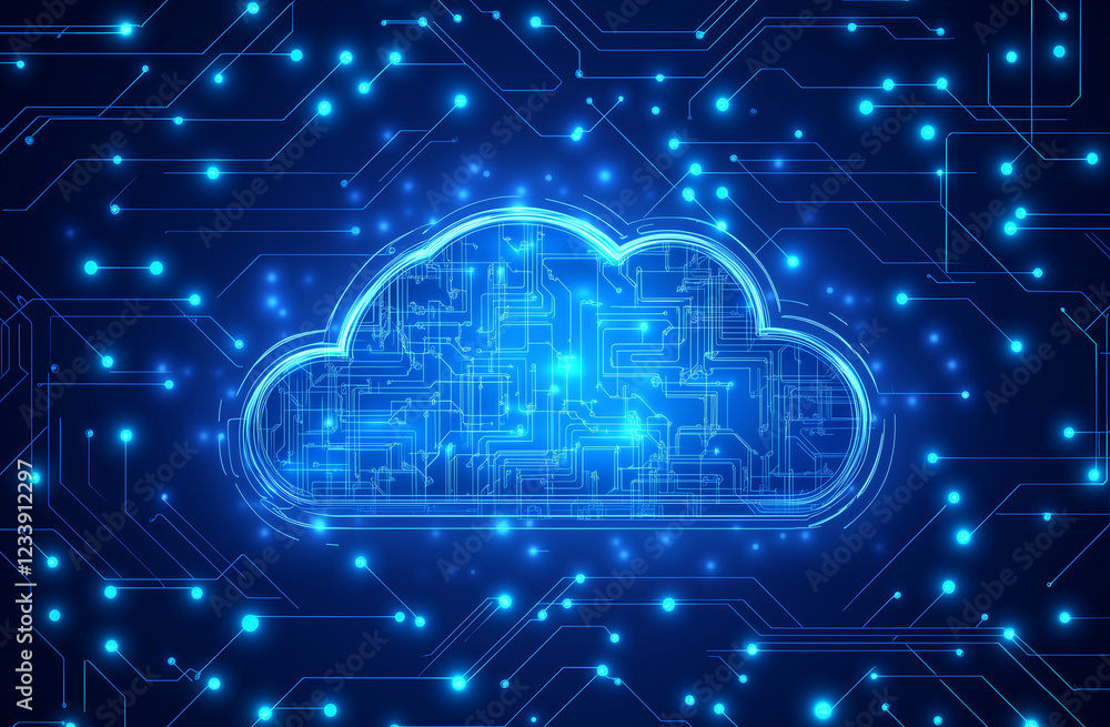 Poster a 3d render of a cloud technology icon seamlessly integrated into a circuit board background, emphas