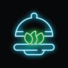 Neon sign of healthy food with a cloche covering a plate with three leaves on a black background