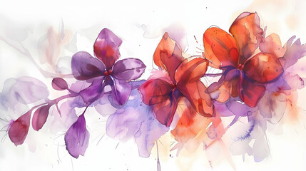 A vibrant watercolor painting of colorful orchids in shades of purple and red.