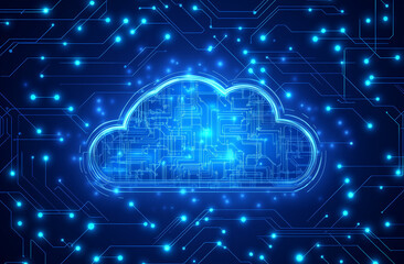 Obraz premium A 3D render of a cloud technology icon seamlessly integrated into a circuit board background, emphasizing the connection between digital innovation and cloud computing. 