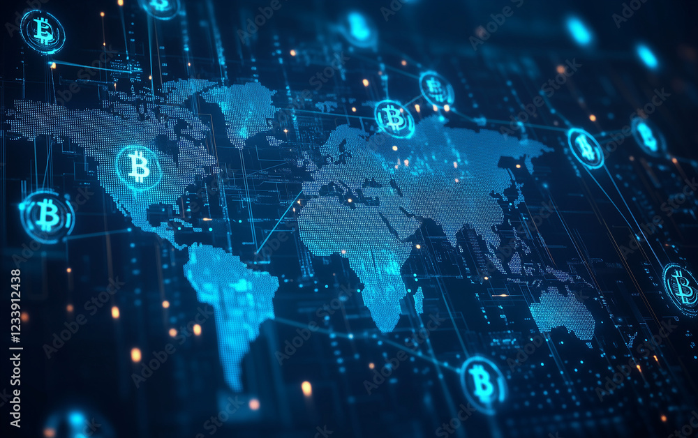 Poster a blue digital background featuring a world map with interconnected bitcoin symbols, representing th