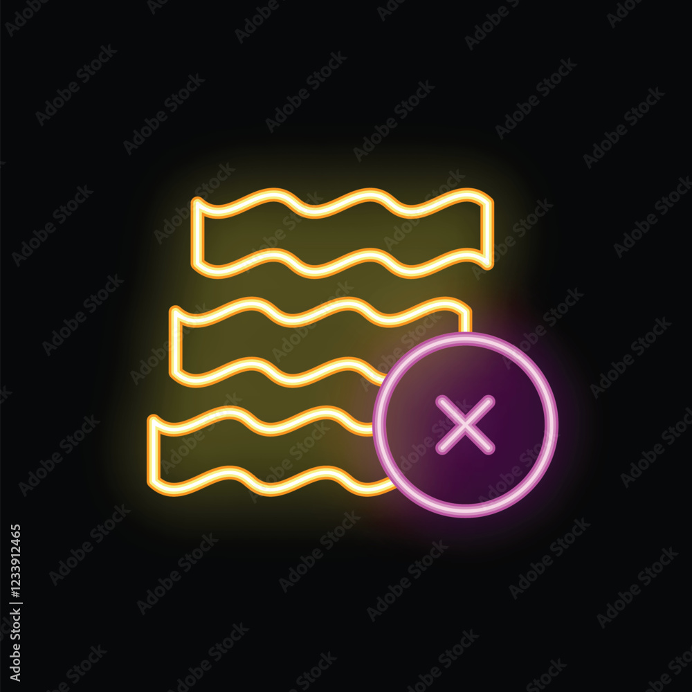 Poster bright illuminated icon of deleting text lines with cross sign in circle on dark background