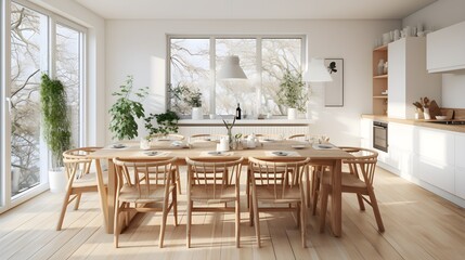 Obraz premium Bright Modern Dining Room with Wooden Table Chairs and Natural Light