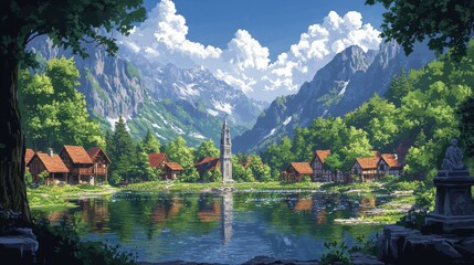 Fototapeta premium Serene mountain village with a tranquil lake and lush greenery.