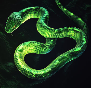green snake on black background