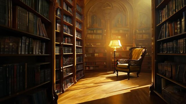 Dolly in video of a warmly lit library, revealing rows of bookshelves filled with old books, ambient soft golden light emanates from a nearby lamp