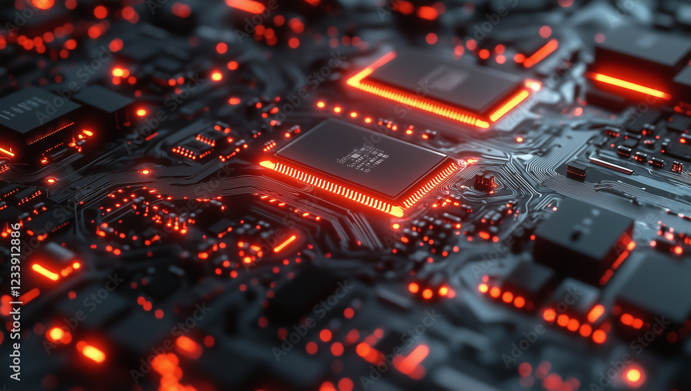 Poster a close up of an advanced circuit board with glowing red and black components, showcasing the power 