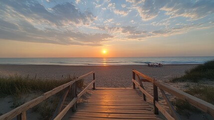 Fototapeta premium Sunrise beach boardwalk access, ocean sunrise, peaceful morning
