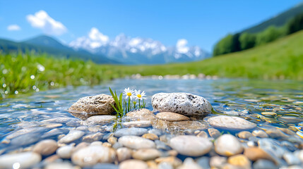 Alpine stream, daisies, mountain backdrop, summer