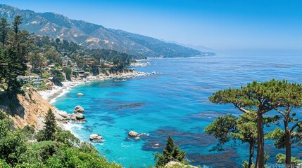 Naklejka premium Stunning Coastal Panorama: Turquoise Waters and Majestic Mountains