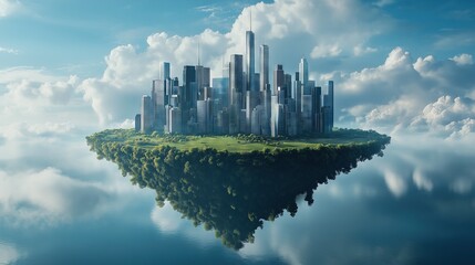 The skyline of a contemporary metropolis and a fantasy island floating in midair