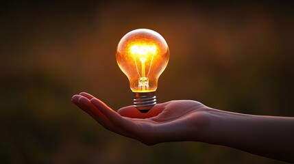 Glowing Light Bulb Held in Hand at Sunset Idea Concept Innovation
