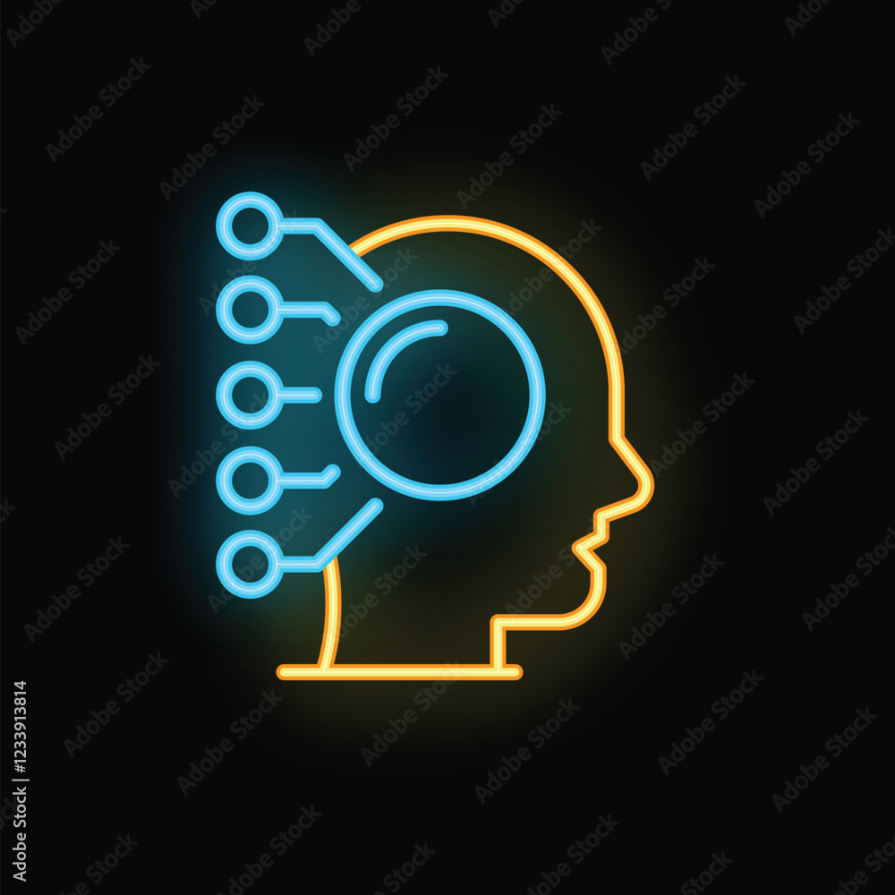 Poster neon icon representing concept of artificial intelligence development with human head and digital ci