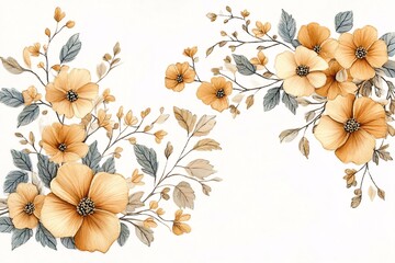 Elegant Watercolor Painting of Beige Flowers and Gray Leaves