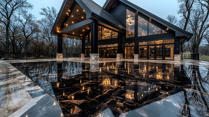 Modern lake house, evening reflection, luxury home