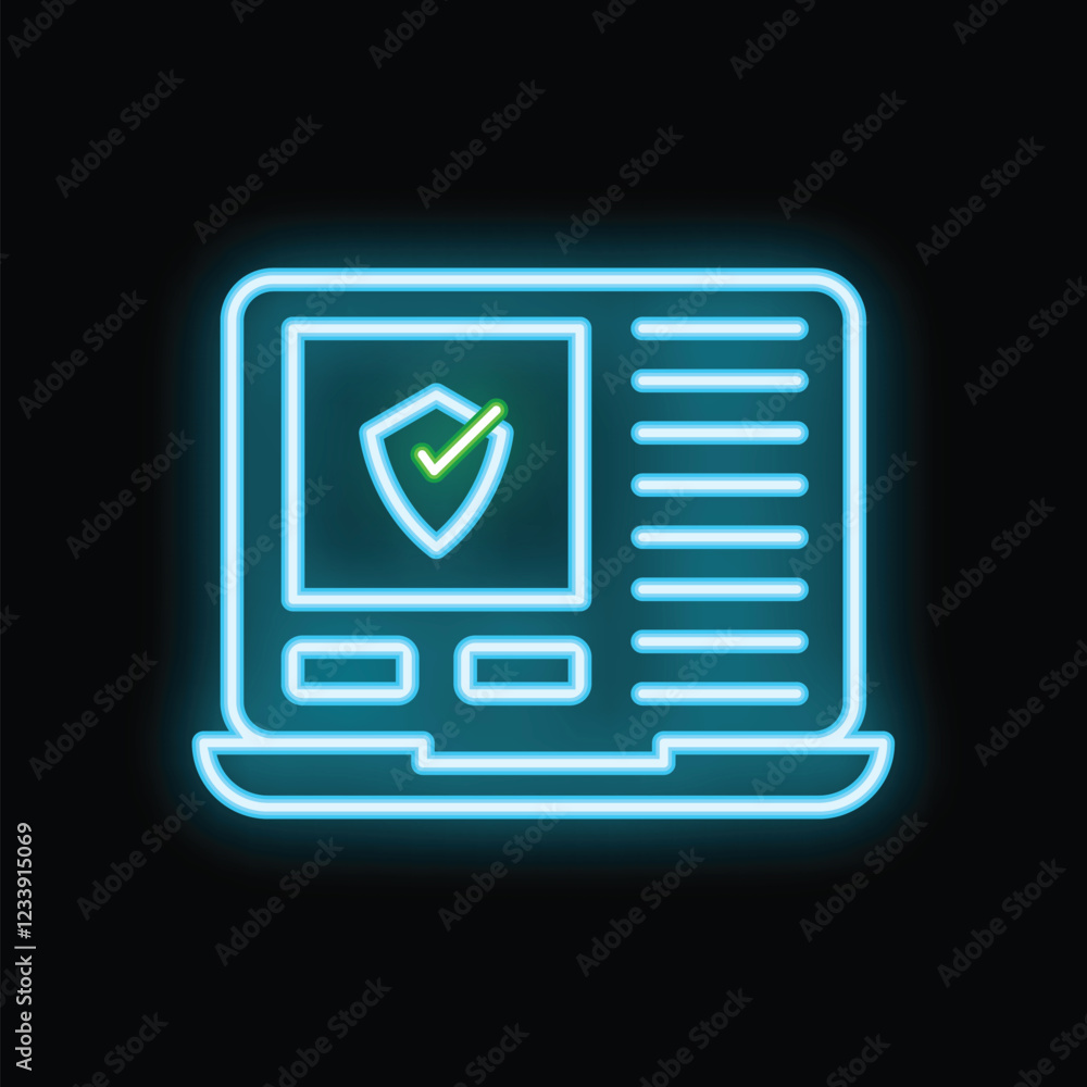 Canvas Prints Glowing neon icon of a laptop displaying a security check mark, representing online safety and data protection