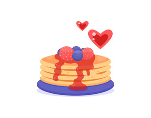 illustration of pancakes with strawberry sauce, blueberry and strawberry. a stack of pancakes on a plate topped with fruit. love pancakes. cake, food, sweet, breakfast, snack. flat style design