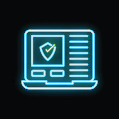 Glowing neon icon of a laptop displaying a security check mark, representing online safety and data protection