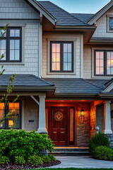 Luxury Home Exterior at Night: Modern Architectural Design, Stunning Facade, and Landscaping