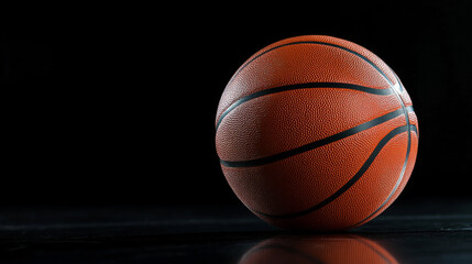 Close up detail of a basketball ball isolated on black background. Sport bets in betting shops. Copy space.