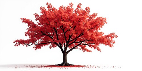A majestic tree stands tall, its robust trunk supporting a canopy of fiery-red leaves shimmering in autumn's embrace. Light filters through, casting dappled shadows on the forest floor below