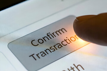 Cryptocurrency Trading, A close-up of a finger pressing the "Confirm Transaction" button on a digital screen, indicating a financial action.