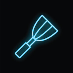 Bright blue neon sign of a kitchen whisk glowing on a black background