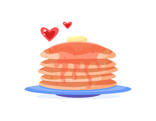 illustration of pancakes with honey and butter sauce. stack of pancakes on a plate. love pancakes. cake, food, sweet, breakfast, snack. flat style design. elements