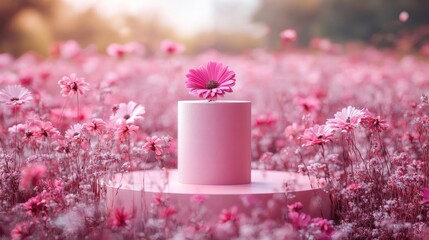 A pink cake atop a pedestal surrounded by vibrant pink flowers.