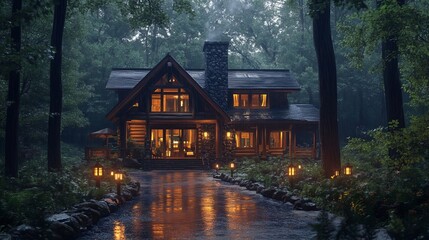 Luxurious Log Cabin in Rainy Forest at Night Illuminated Driveway